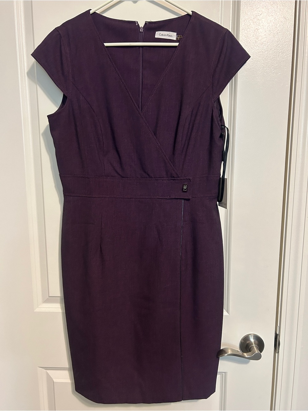 Calvin Klein Deep Plum Cap-Sleeve Wrap-Front Sheath Dress
